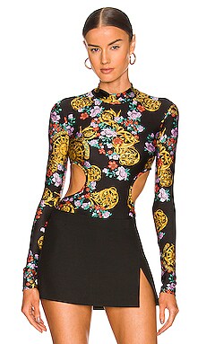 Versace Jeans Couture Long Sleeve Bodysuit in Black & Gold