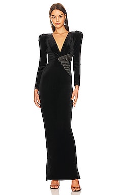 NICHOLAS Lura Plunge Neck Long Sleeve Gown in Black