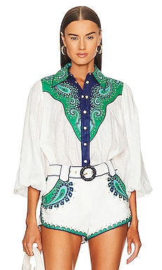 Product image of Zimmermann Tiggy Applique Billow Blouse. Click to view full details