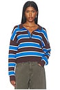 view 1 of 4 Vera Double Johnny Collar Rugby Stripe Pullover Sweater in Chocolate Plum Combo
