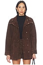 view 1 of 5 Lamb Leather Suede Cinched Mid Jacket in Espresso Brown
