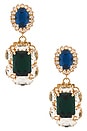view 1 of 2 Omega Clasp With Square Pendant Earrings in Blue, Green, Crystal, & Gold