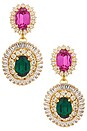 view 1 of 2 Omega Clasp Oval Disc Chandeliers Earrings in Fuchsia, Green & Gold