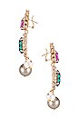 view 2 of 3 Crystal Cluster & Pearl Pendant Earring in Green, Fuchsia & Gold