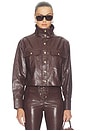 view 1 of 5 James Faux Leather Cropped Longsleeve Funnel Neck Parka in Dark Chocolate