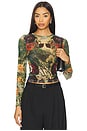 view 1 of 4 Delaina Printed Mesh Long Sleeve Crop Top in Forbidden Forest