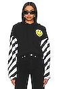 view 1 of 4 Caution Stripe Sleeve Smiley Relaxed Hoodie in Black & White