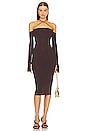 view 1 of 3 Maddy Off Shoulder Lace Up Midi Dress in Dark Brown