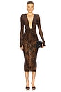 view 1 of 3 Leopard Burnout Plunging Mesh Midi Dress in Tobacco