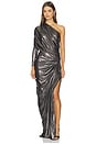 view 1 of 5 One Sleeve Draped Gown in Laminated Black Foil Silver