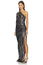 view 3 of 5 One Sleeve Draped Gown in Laminated Black Foil Silver