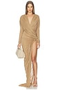 view 1 of 3 Draped Long Sleeves High Slit Dress in Argile
