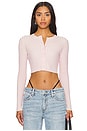 view 1 of 5 Cropped Ribbed Crew Neck Cardigan With Embossed Logo in Ballerina Pink