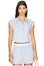 view 1 of 4 Cropped Button Down Sleeveless Shirt With Necklace in Oxford Blue
