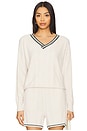 view 1 of 4 CozyChic Light Pointelle Pullover in Sand Dune & Deep Juniper