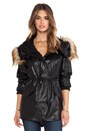 view 2 of 6 Vegan Leather Hooded Parka with Faux Fur Trim in Black