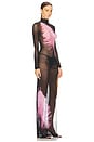 view 2 of 4 Feather Printed Long Sleeve Mesh Gown in Black & Pink