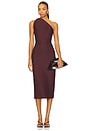 view 1 of 3 Asymmetric Cut Strapless Midi Dress in Burgundy