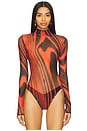 view 2 of 5 Printed Mesh Bodysuit in Red & Black