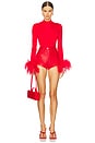 view 5 of 5 Feather Cuff Trim Bodysuit in Red