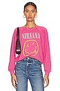 view 1 of 8 PULL RAS DE COU GRAPHIQUE NIRVANA SMILEY RAGLAN in Pink Cosmo
