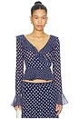 view 1 of 4 Mallorca Ruffle Wrap Top in Navy Mixed Polka Dot