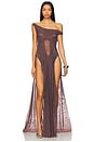 view 1 of 3 Wetlook Off-shoulder Long Dress With Double Thigh Split in Brown