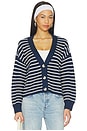 view 1 of 6 Fine Gauge Cropped Cardigan in Stripe Navy & Heathered Almond