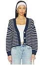 view 2 of 6 Fine Gauge Cropped Cardigan in Stripe Navy & Heathered Almond