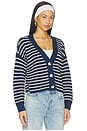 view 3 of 6 Fine Gauge Cropped Cardigan in Stripe Navy & Heathered Almond