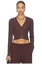 view 1 of 4 Linen Open Knit Cropped V-neck Cardigan in Chocolate