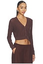 view 2 of 4 Linen Open Knit Cropped V-neck Cardigan in Chocolate