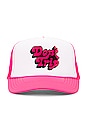 view 1 of 2 Don't Trip Embroidered Trucker Hat in Neon Pink