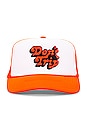 view 2 of 2 Don't Trip Embroidered Trucker Hat in White and Neon Orange