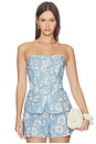 view 1 of 5 Quinn Floral Linen Bustier Top in Heritage Toile Blue & White