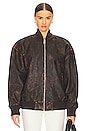 view 2 of 5 Distressed Leather Oversized Bomber in Chocolate Brown