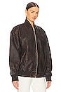 view 3 of 5 Distressed Leather Oversized Bomber in Chocolate Brown
