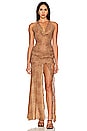 view 1 of 5 Jlo Printed Cowl Neck Side Split Halter Gown in Baby Cheetah