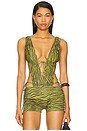 view 1 of 5 Heart Of Gold Skimpy Printed Deep V Open Back Bodysuit in Ganja