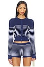 view 1 of 5 The Pointelle Dani Cardigan in Royal Blue & Milk Stripes