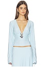 view 1 of 4 Plunging V Flared Sleeve Top in Light Blue