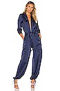 view 1 of 4 Satin Convertible Cargo Jumpsuit in Navy