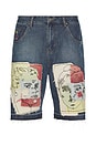 view 1 of 6 Boy & Girl Doodles Patchwork Baggy Shorts in Dark Wash