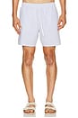 view 1 of 5 Mid Length Striped Textured Swim Trunks in White & Light Blue