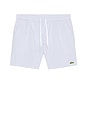 view 4 of 5 Mid Length Striped Textured Swim Trunks in White & Light Blue