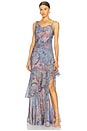 view 1 of 4 Viola Asymmetrical Cowl Neck Gown in Periwinkle Multi French Paisley