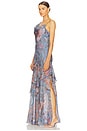 view 3 of 4 Viola Asymmetrical Cowl Neck Gown in Periwinkle Multi French Paisley