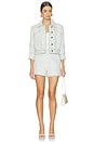 view 5 of 6 Jia Crop 3/4 Sleeve Fringe Jacket in Light Blue & Ivory Chevron