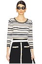view 1 of 4 Yukio Striped Crop Crew Top in White, Black, & Gold Stripe