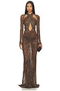view 1 of 3 Printed Mesh Halter Ruched Gown in Leopard